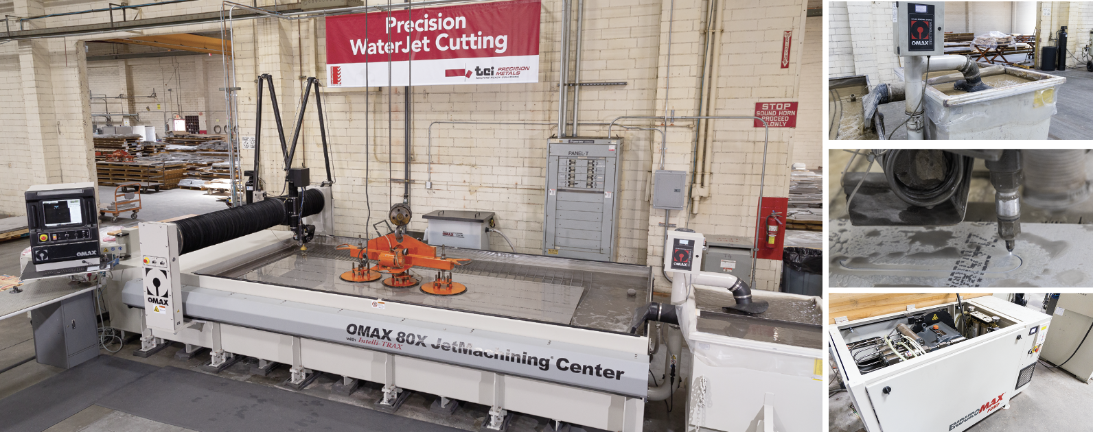 TCI Precision relies on a pair of OMAX 80X water jets for all their ferrous metal cutting. Each machine is equipped with a Collision Sensing Terrain Follower, articulating head, and the OMAX Variable Speed Solids Removal System (VS-SRS). Machine two has a larger pump to cut faster through harder metals.